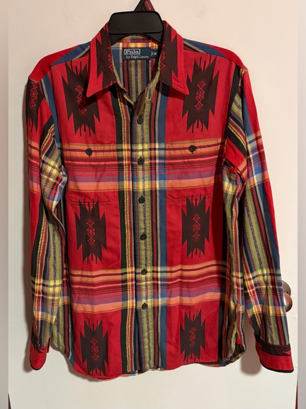 Vintage Men’s Polo Ralph Lauren Red Aztec Plaid Southwestern Pattern Button Up